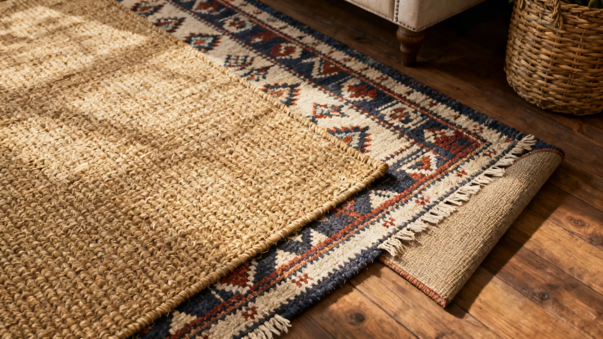 Layered rugs: an 8x10 jute rug with a smaller patterned rug on top, showcasing texture and depth.