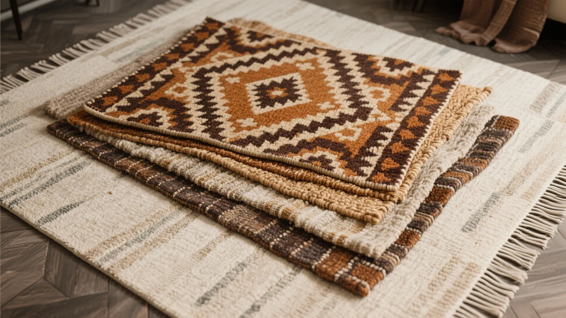 Close up of several layered rugs with different patterns and textures on a wood floor