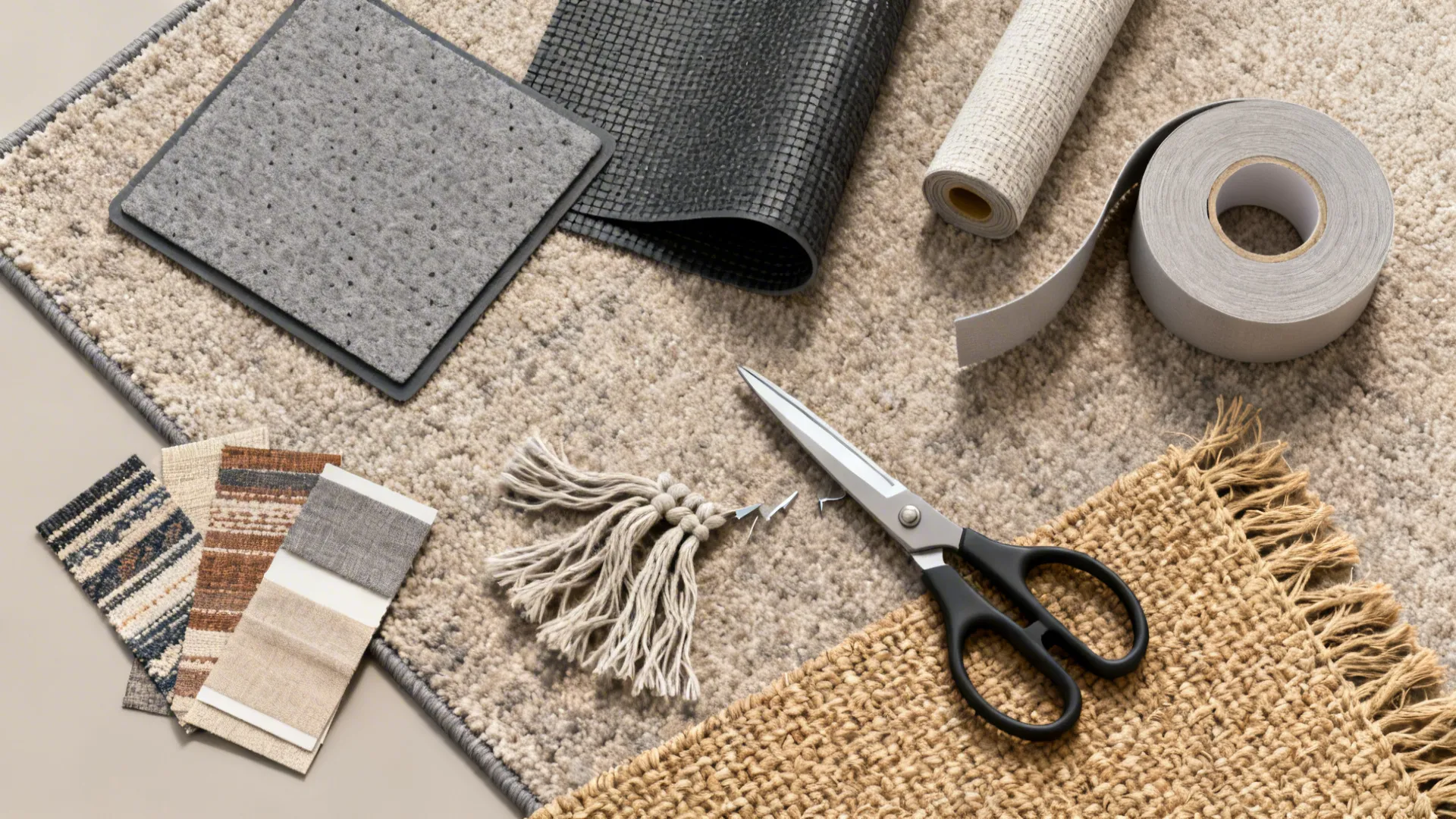 Flatlay of rug pads, grippers, tape and material swatches for layering rugs on carpet
