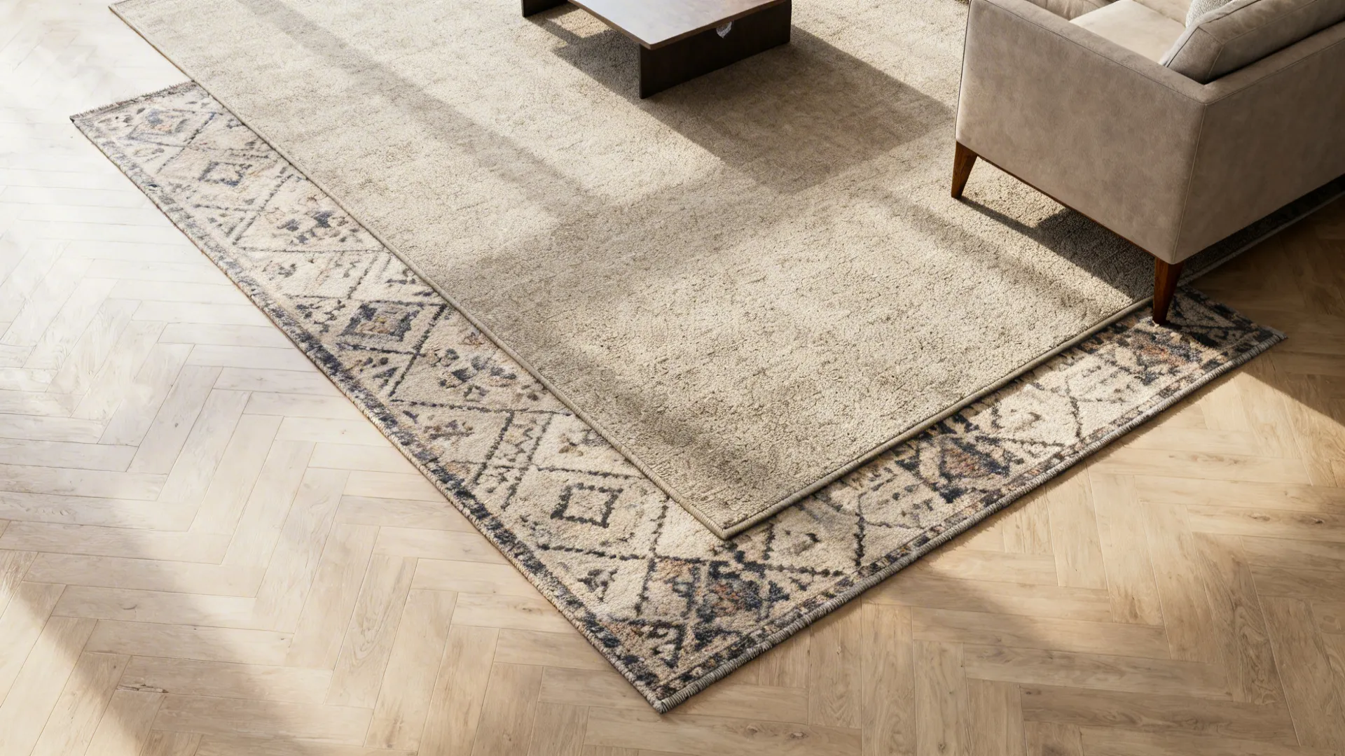 Top-down view of layered rugs on pale hardwood defining seating zones.