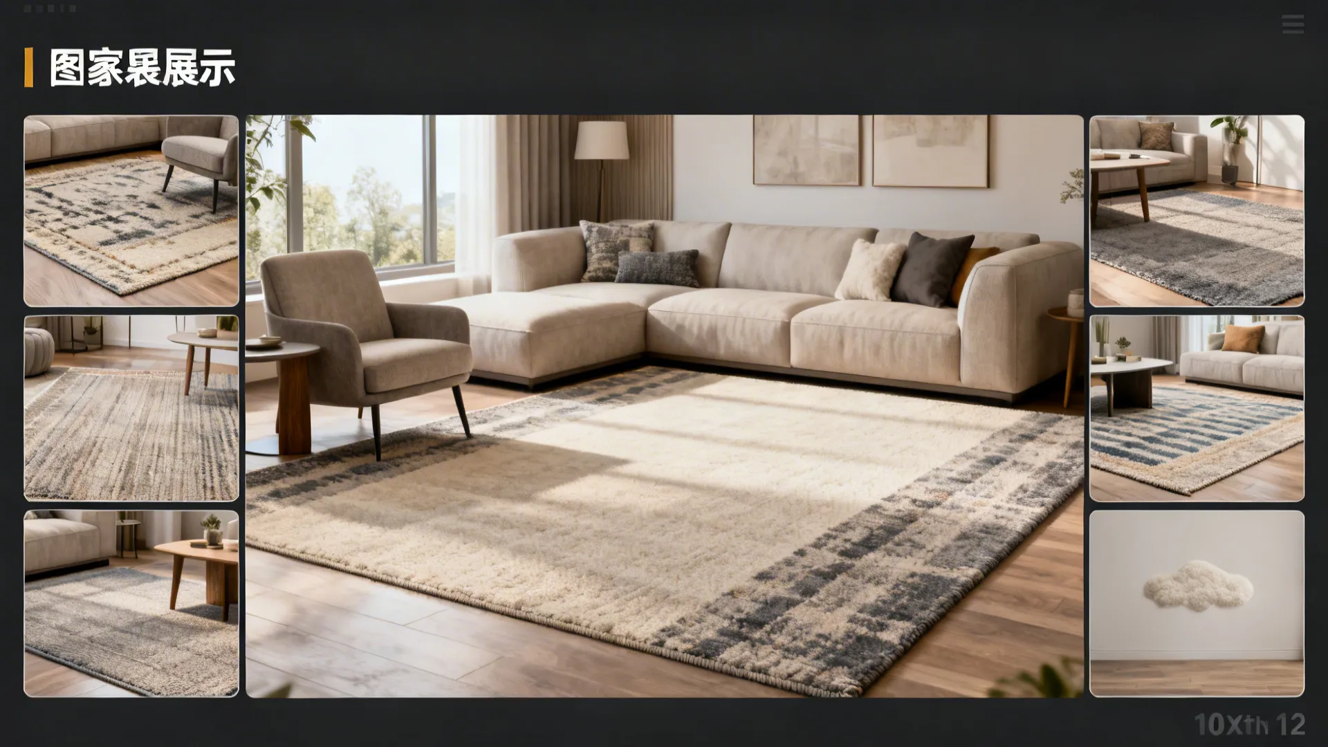 Comparative visual of five rug layouts for a 10x12 living room shown as vignettes