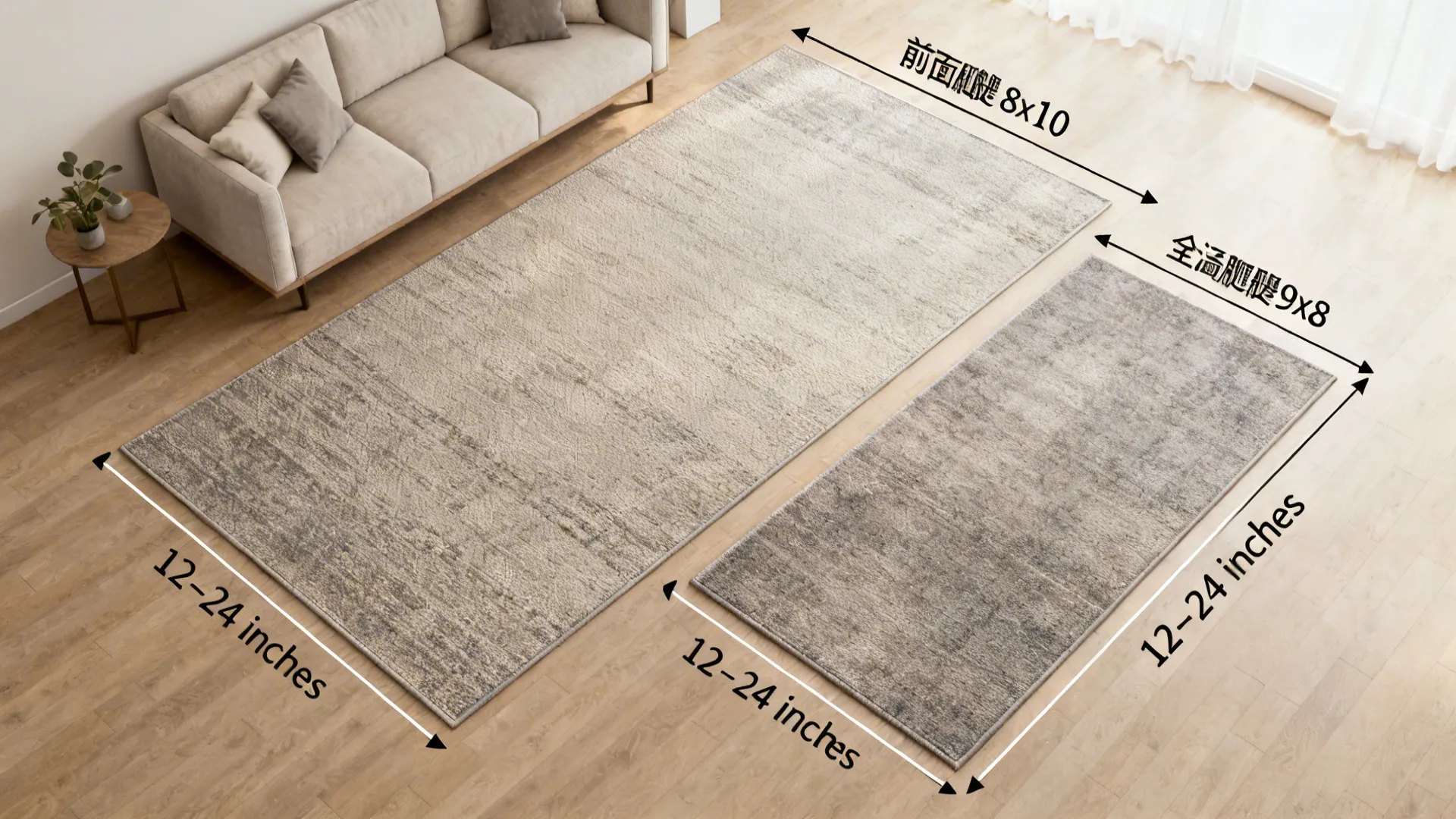 Top-down comparison of rug layouts showing front-legs, full-legs, and coffee-only options with spacing notes