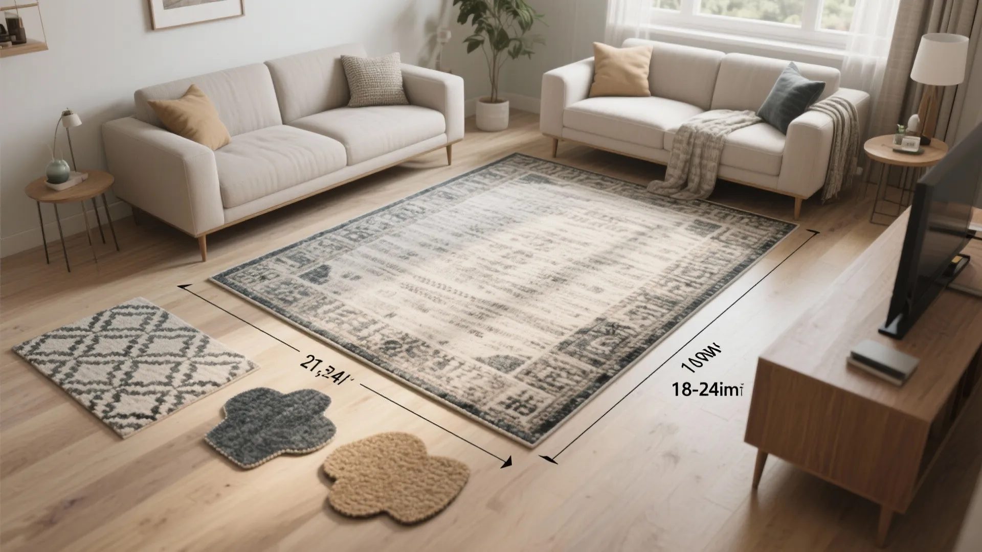 Top-down rug placement guide showing ideal rug sizes and furniture positioning for a small living room.