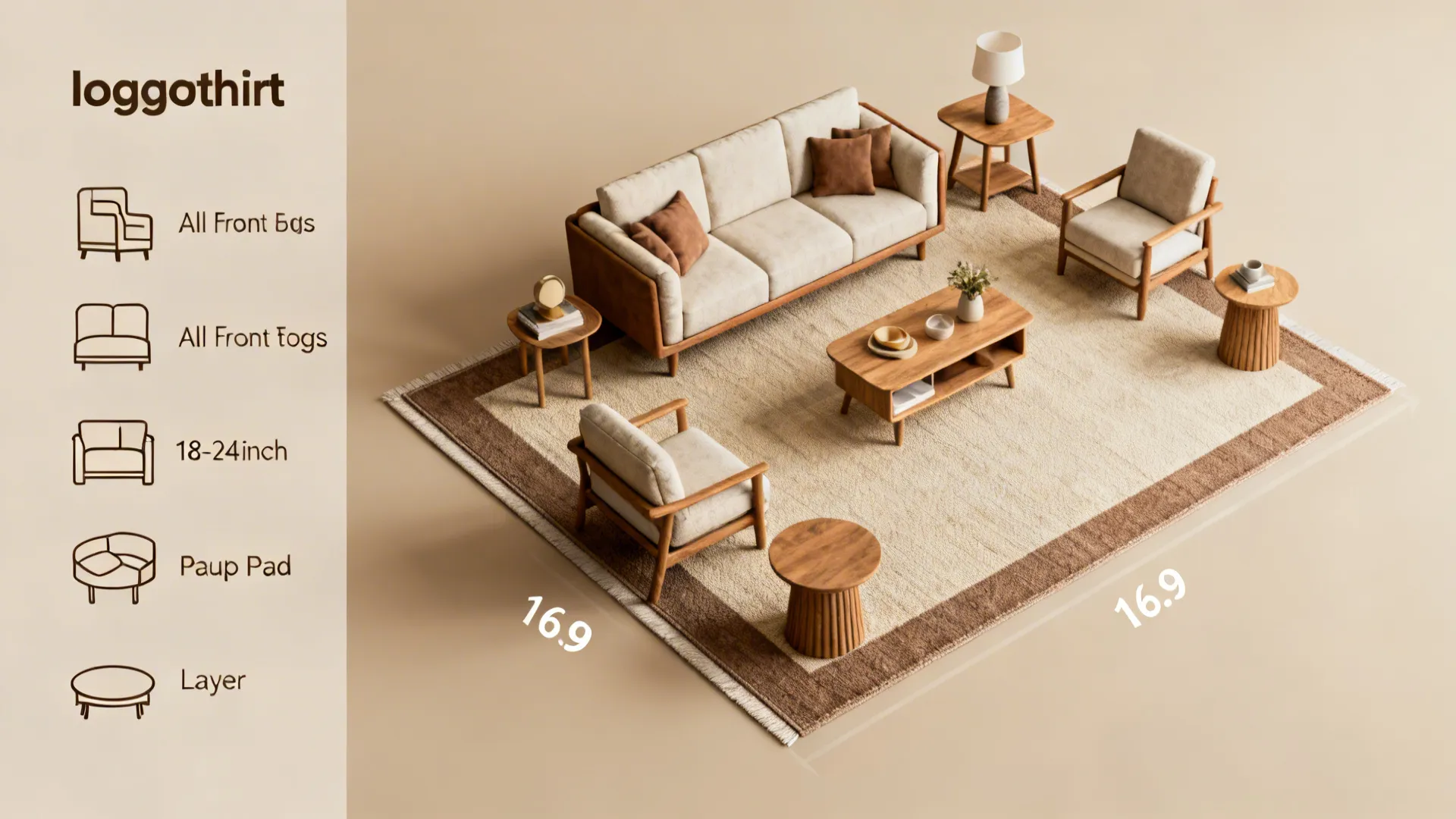 Top-down infographic of rug sizing, placement, pad and layering options for living rooms