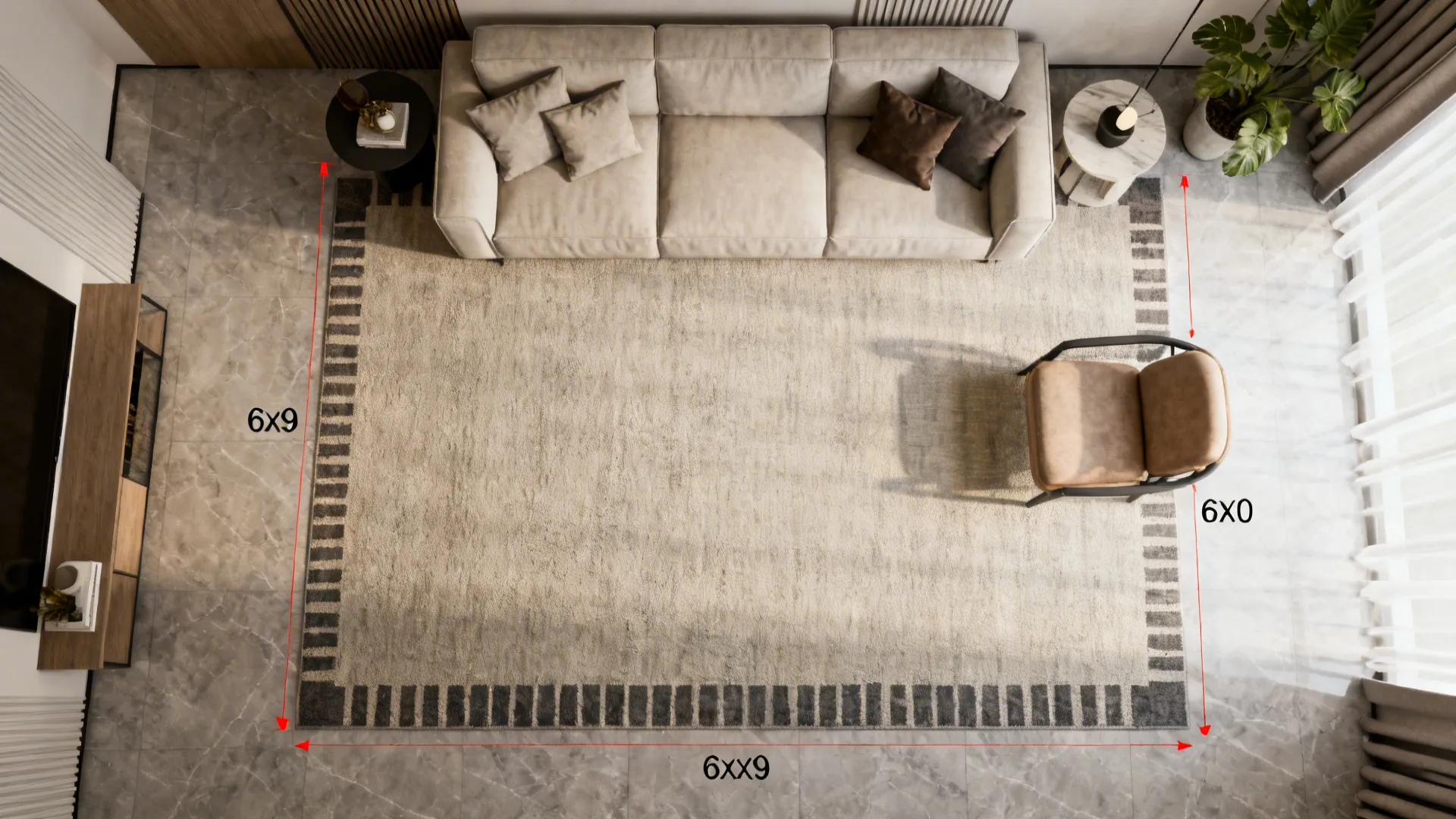 Top-down floor plan showing rug sizes and seating placement for accurate layout testing.