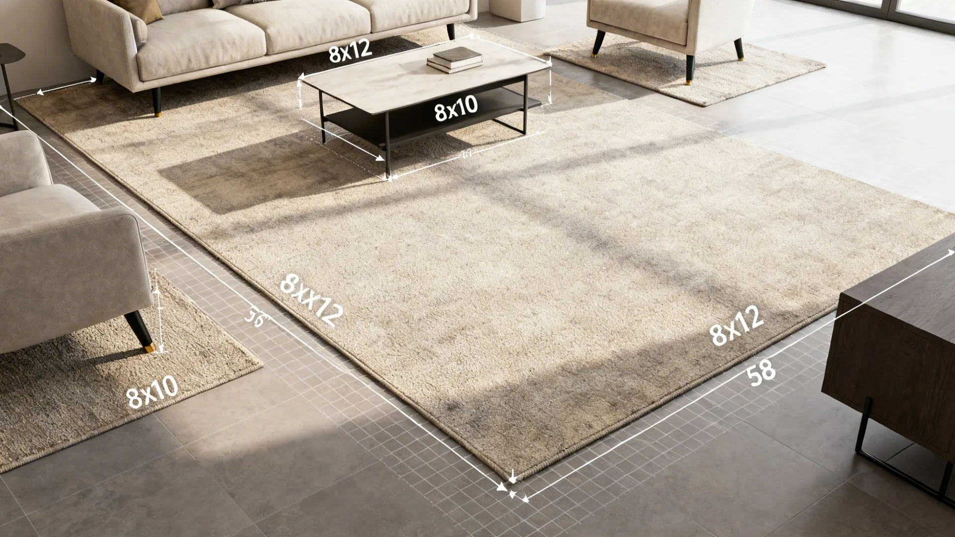 Top-down rug layout guide showing common rug sizes and furniture placement