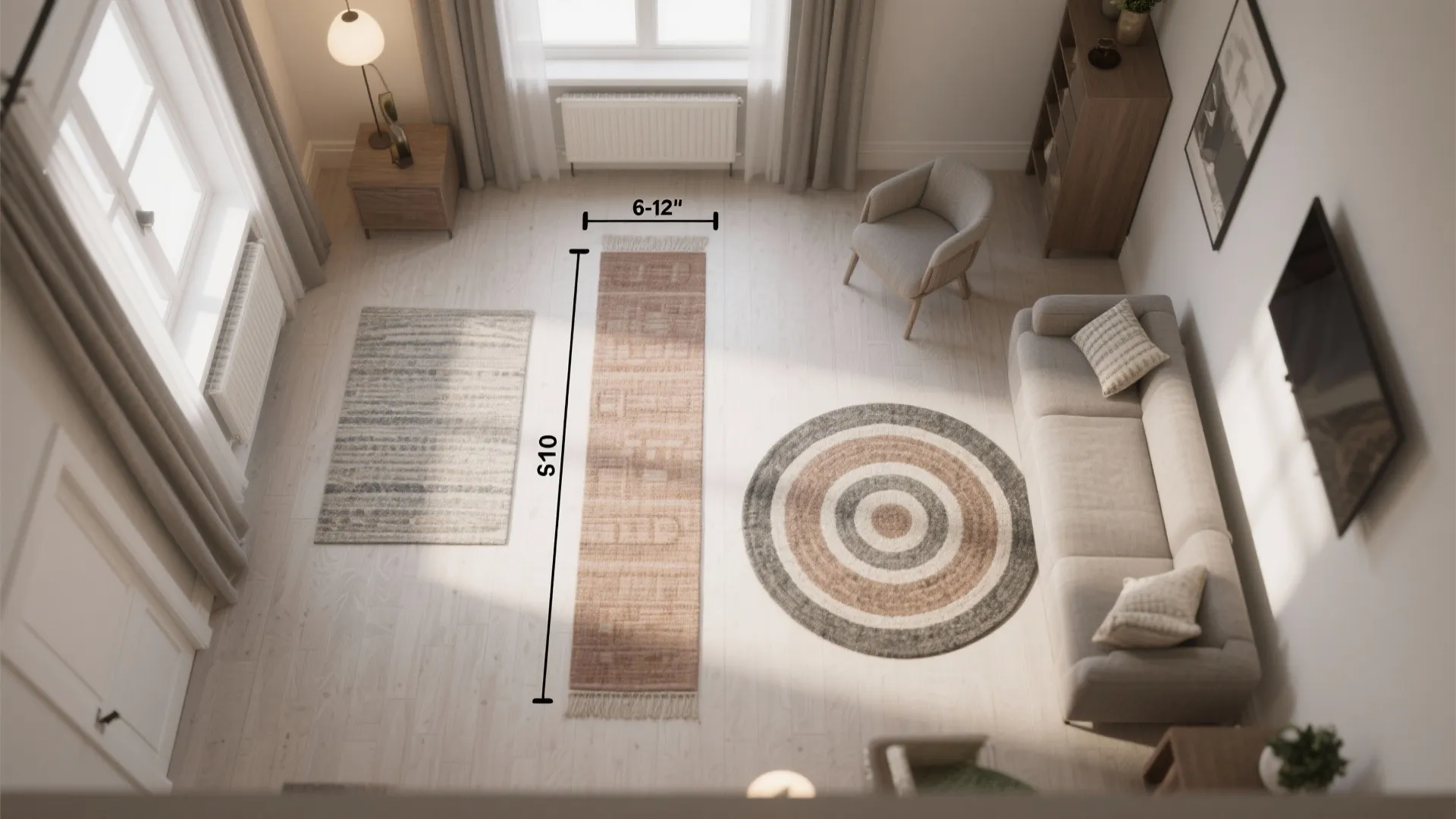 Top-down 3D mockup of a small apartment showing rug placement options, measurements, and traffic flow guidance.