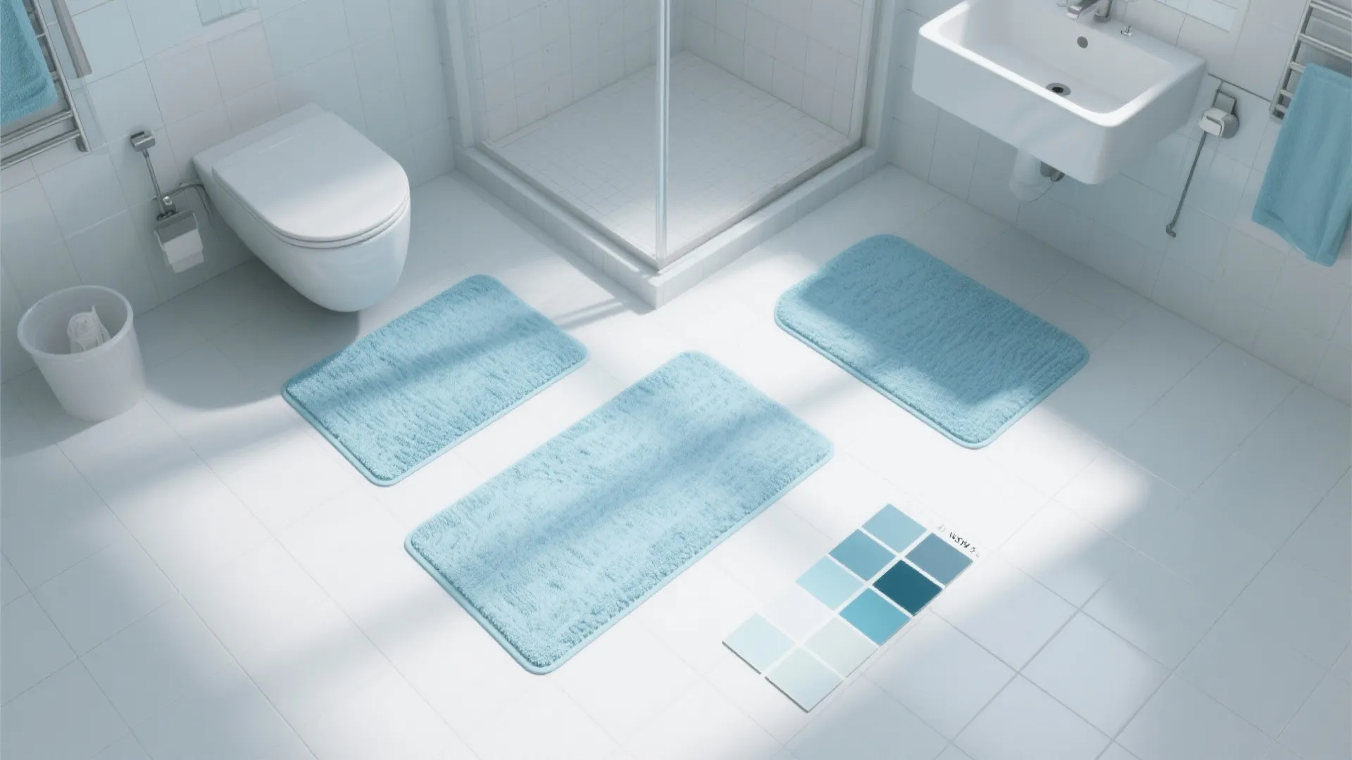 Top-down mock-up showing different light-blue rug placements in a tiny bathroom layout