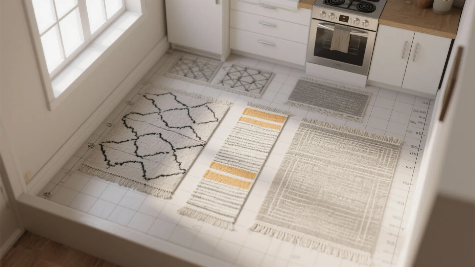 Modern kitchen floor with multiple small rugs showing different patterns and sizes on white tiles