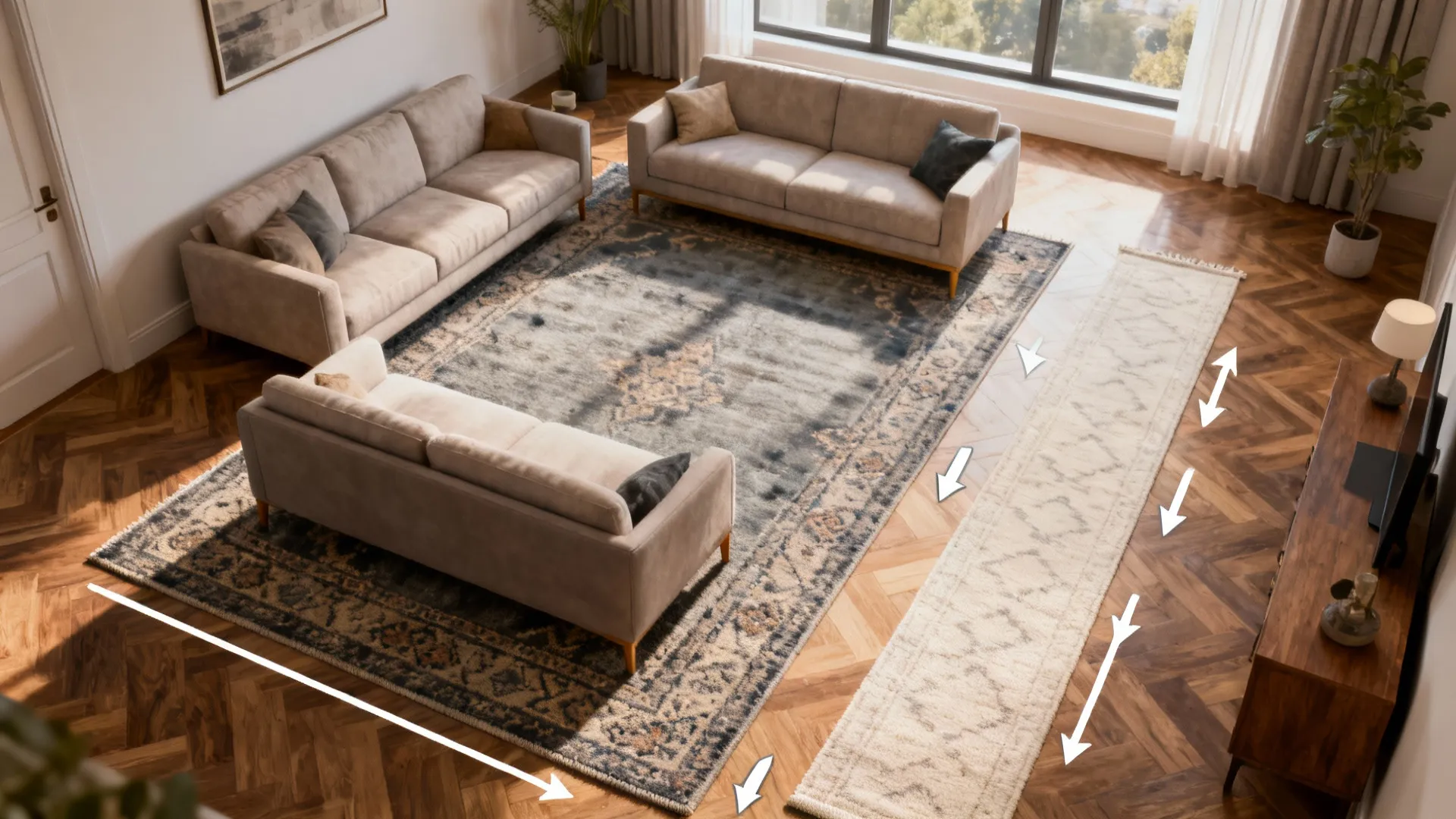 Interior design drawing showing large area rug placement under three sofas with white direction arrows