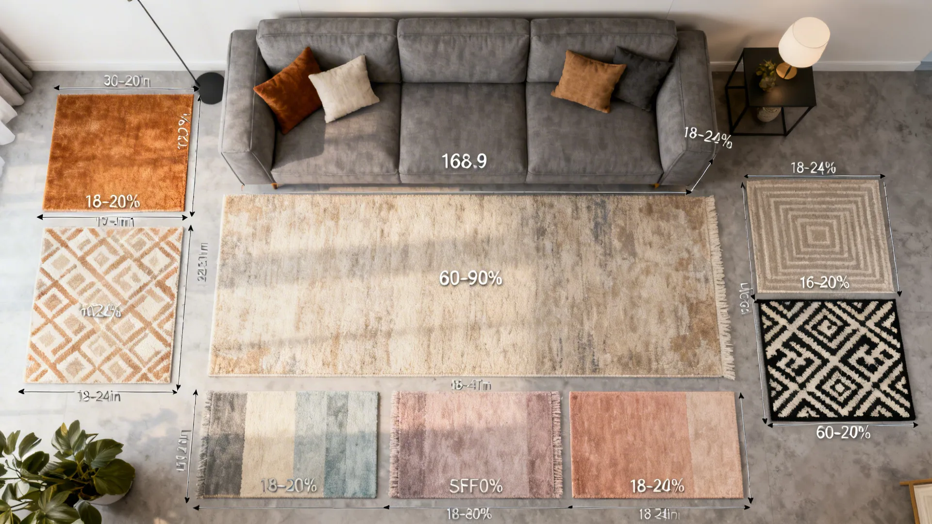 Top-down living room mockup illustrating rug sizing and placement rules around a grey sofa.