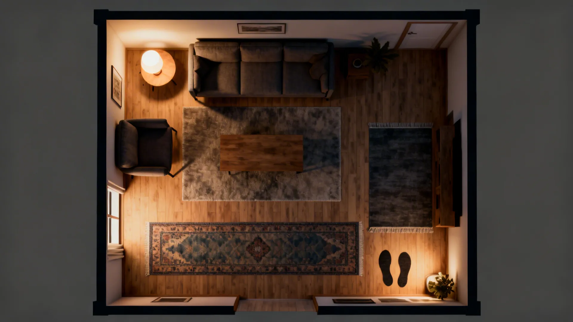 Top-down layout overview showing multiple rug placement options for small living rooms.