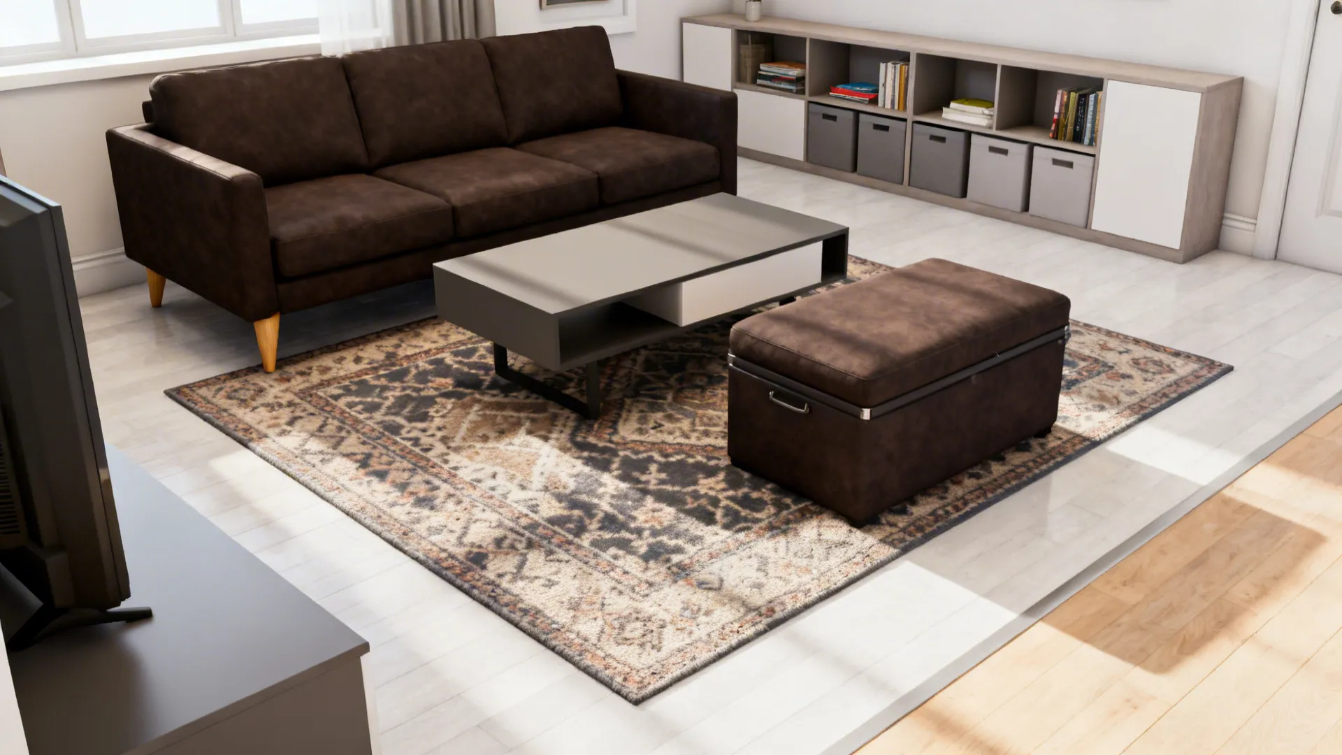 Small living room with rug anchoring the dark brown sofa and low-profile coffee table for defined layout.