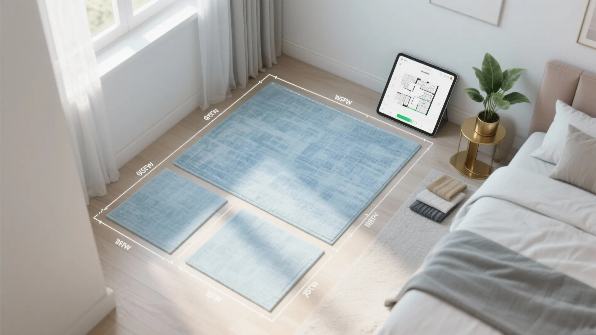 Interior design drawing showing rug layout options in bedroom with tablet and plant on floor