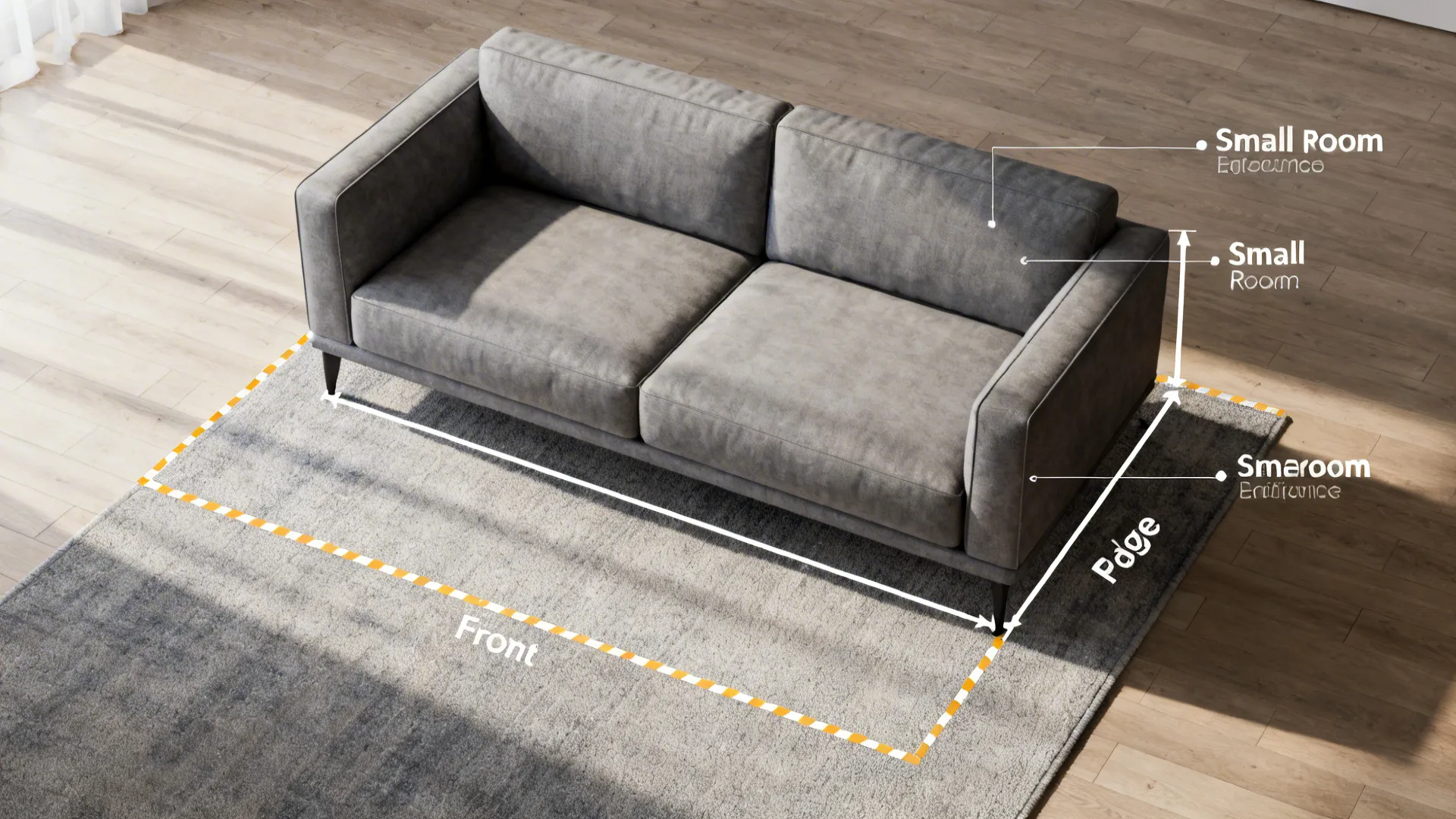 Top-down layout showing a grey sofa with taped rug area demonstrating front-legs-on-rug sizing rule.