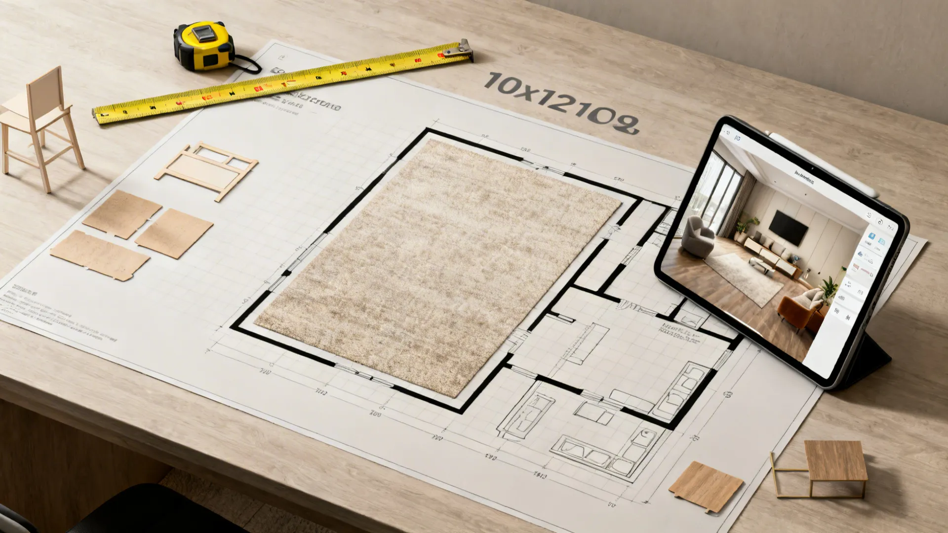 Top-down layout mockup showing a 10x12 rug outline, measuring tape and a 3D planner on a tablet.