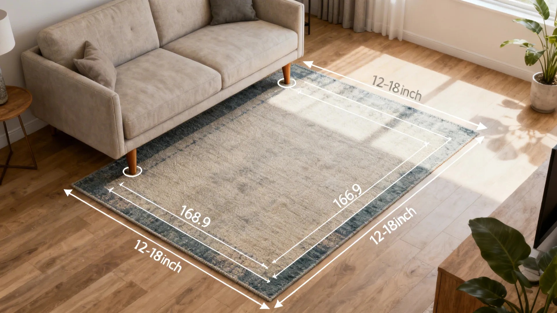 Top-down floorplan showing rug placement with 12–18 inch border and sofa placement guides.