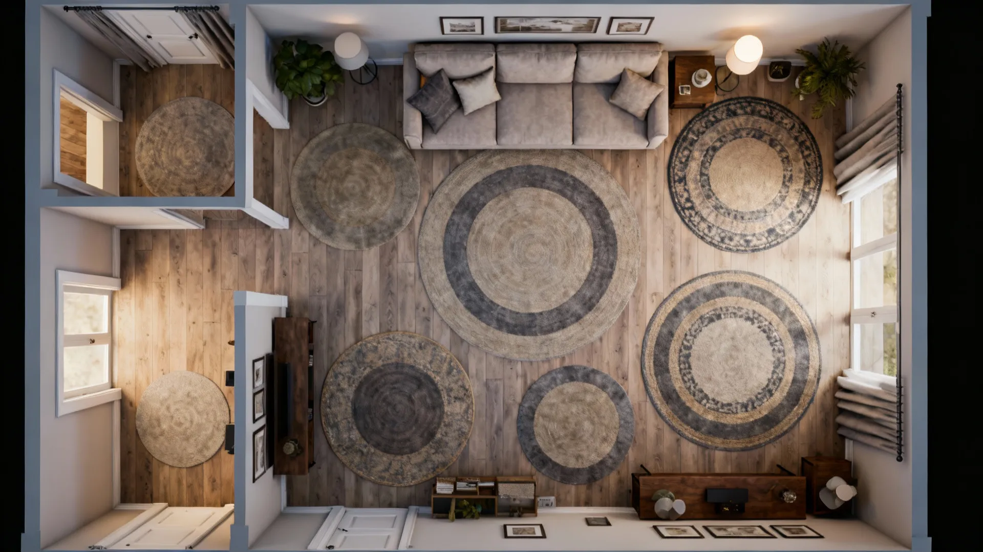 Top-down visual guide showing multiple round rug placement options and clear traffic paths in a small living room.