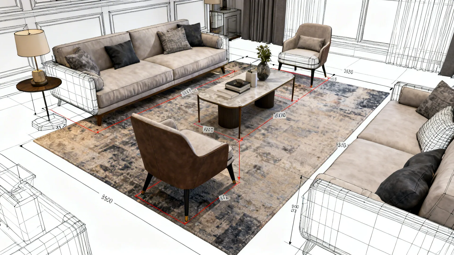 Top-down floor plan showing rug placement and measurements in a living room.