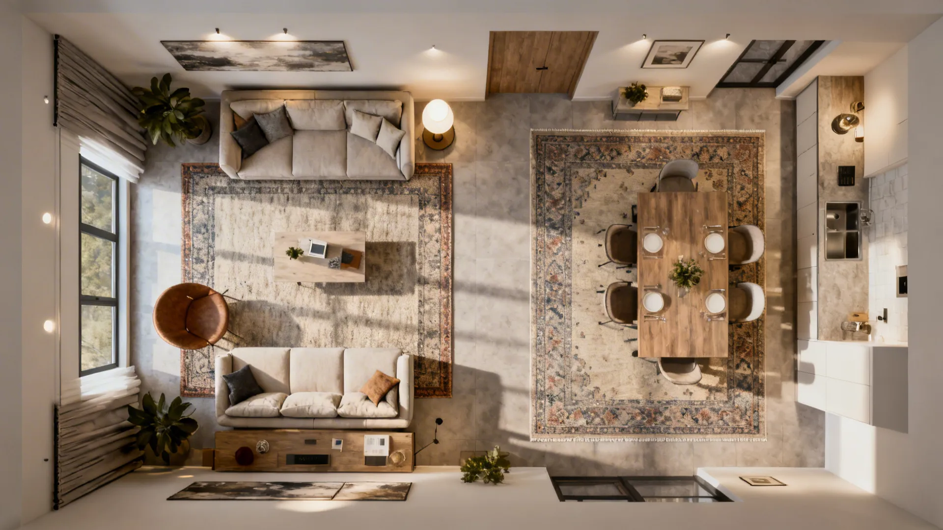 Top-down floorplan showing rug sizing and placement for living and dining zones