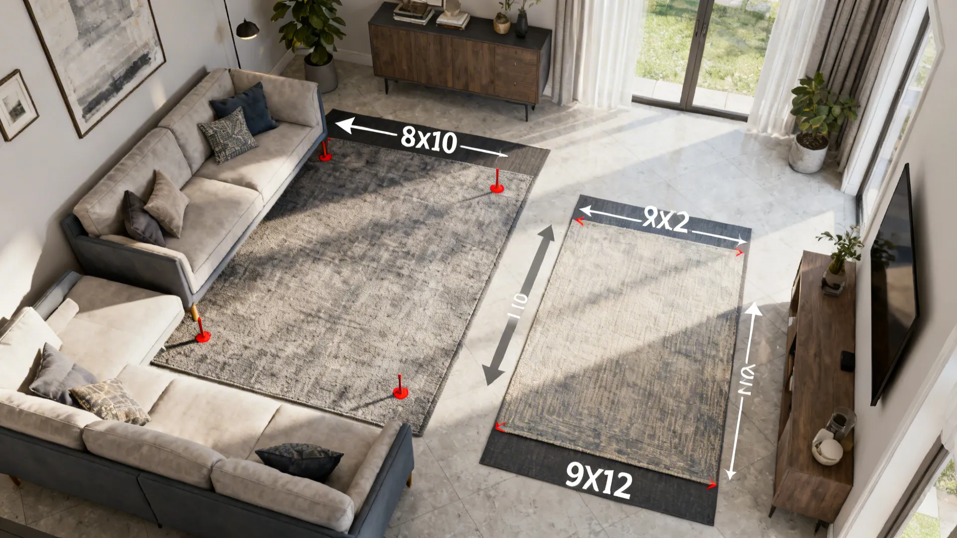 Top-down living room plan illustrating rug sizing, placement, and non-slip pad tips.