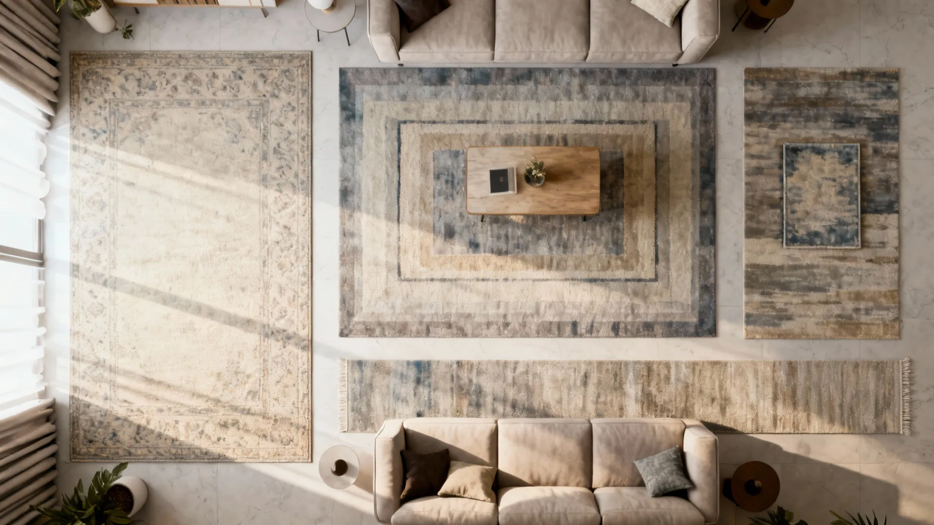 Top down interior design drawing showing various rug layout options for a modern living room