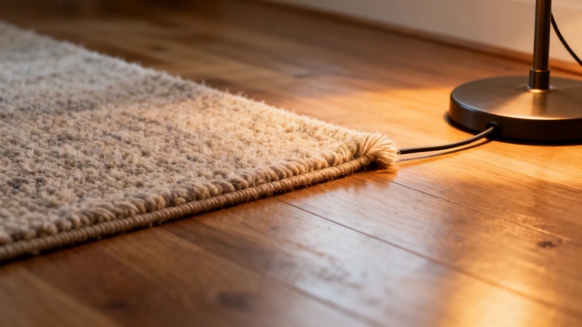 Close-up of wool rug texture beside wood floor with a lamp base and warm glow.