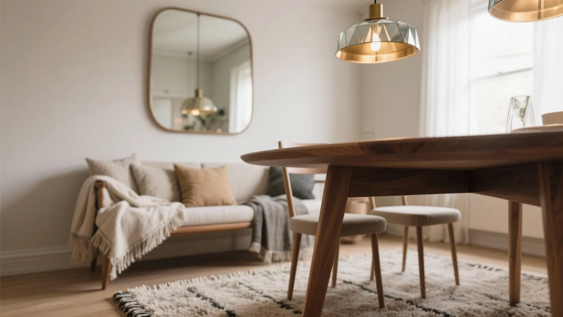 Modern dining room with wooden table and chairs plus sofa with wall mirror and rug