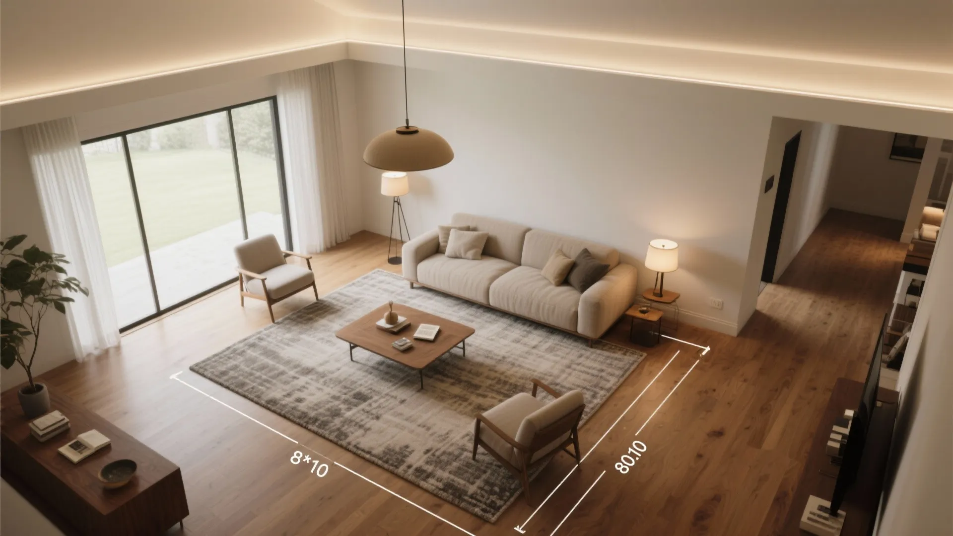 Zone With Rugs, Lighting, and Ceiling Detail