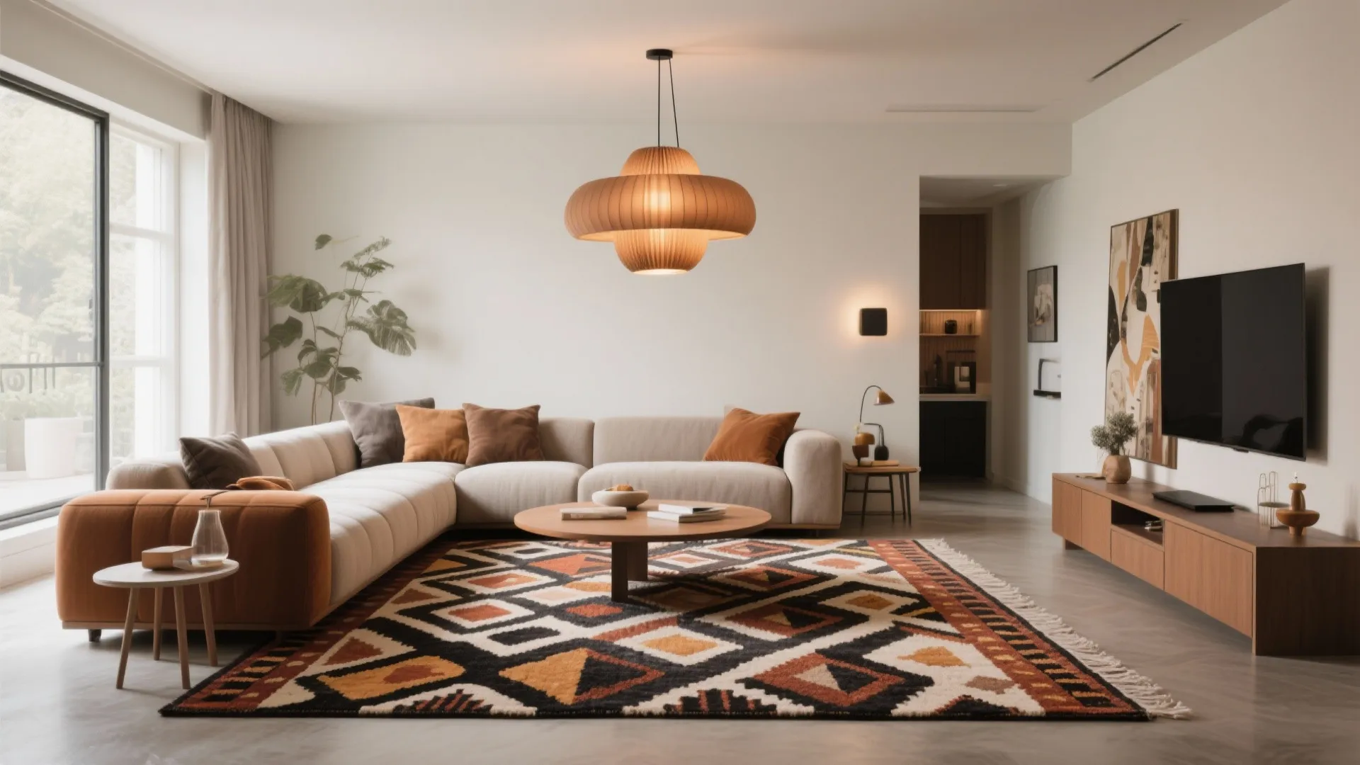 Modern living room featuring beige sofa patterned rug round coffee table and a large light