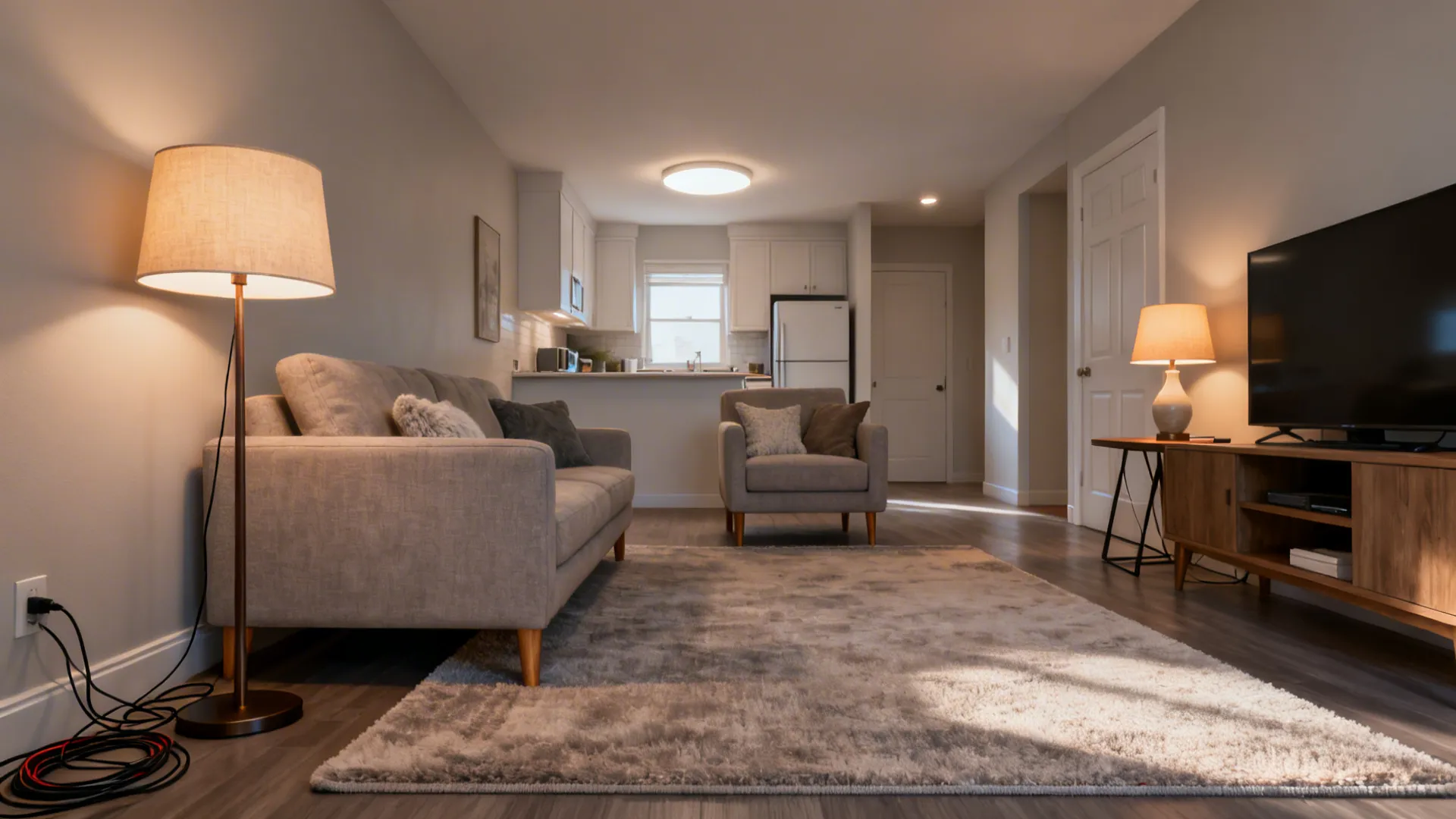 Open-plan living area with a large rug and layered lighting defining the zone.