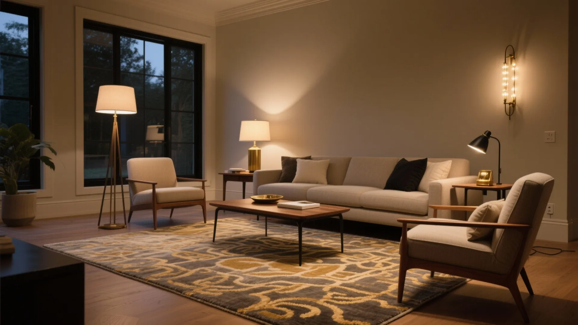 Tip 5: Unify with the Right Rug and Layered Lighting