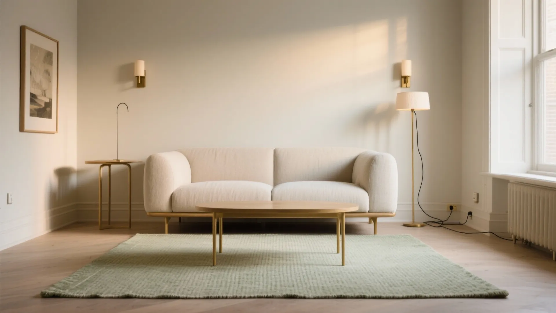 Minimalist living room with white sofa oval wooden coffee table green rug and floor lamp