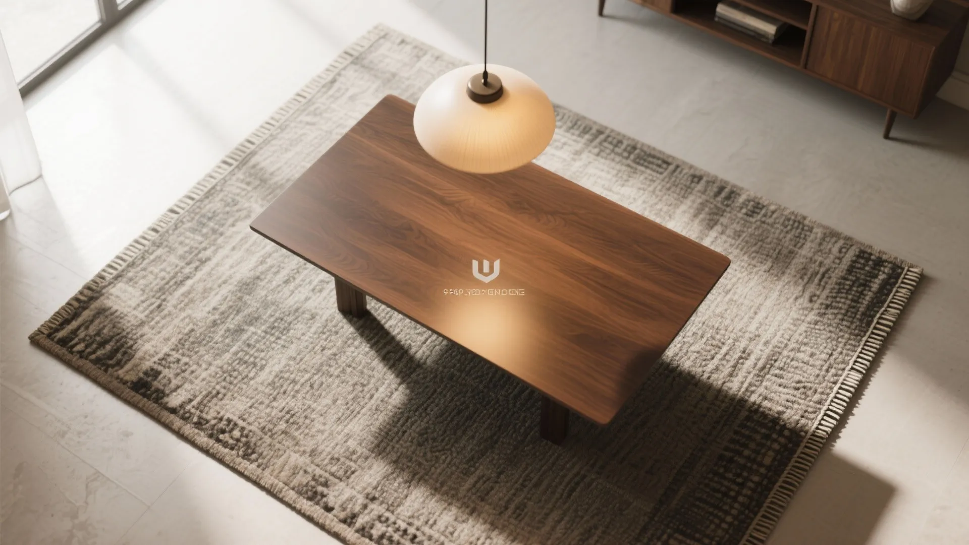 Top view of wooden dining table on textured grey rug with warm ceiling light fixture