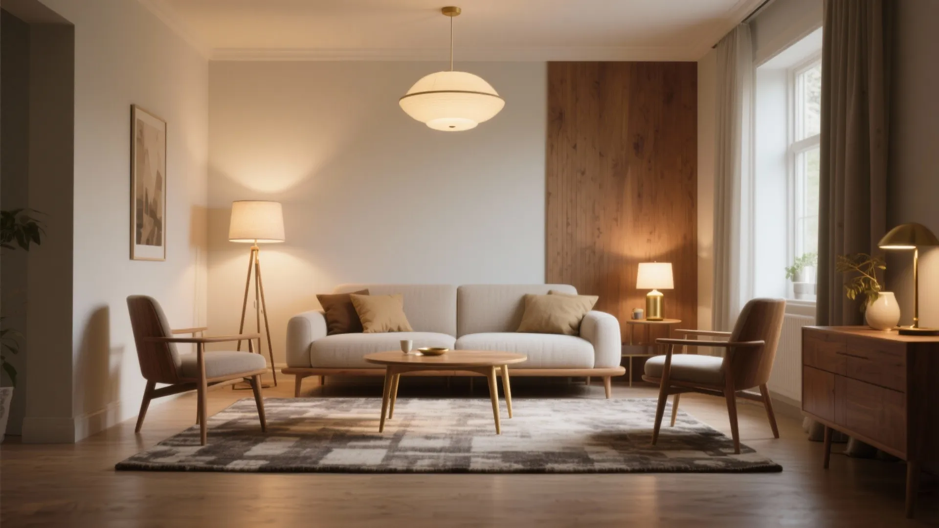 Modern living room with beige sofa wooden chairs patterned rug coffee table floor lamp light