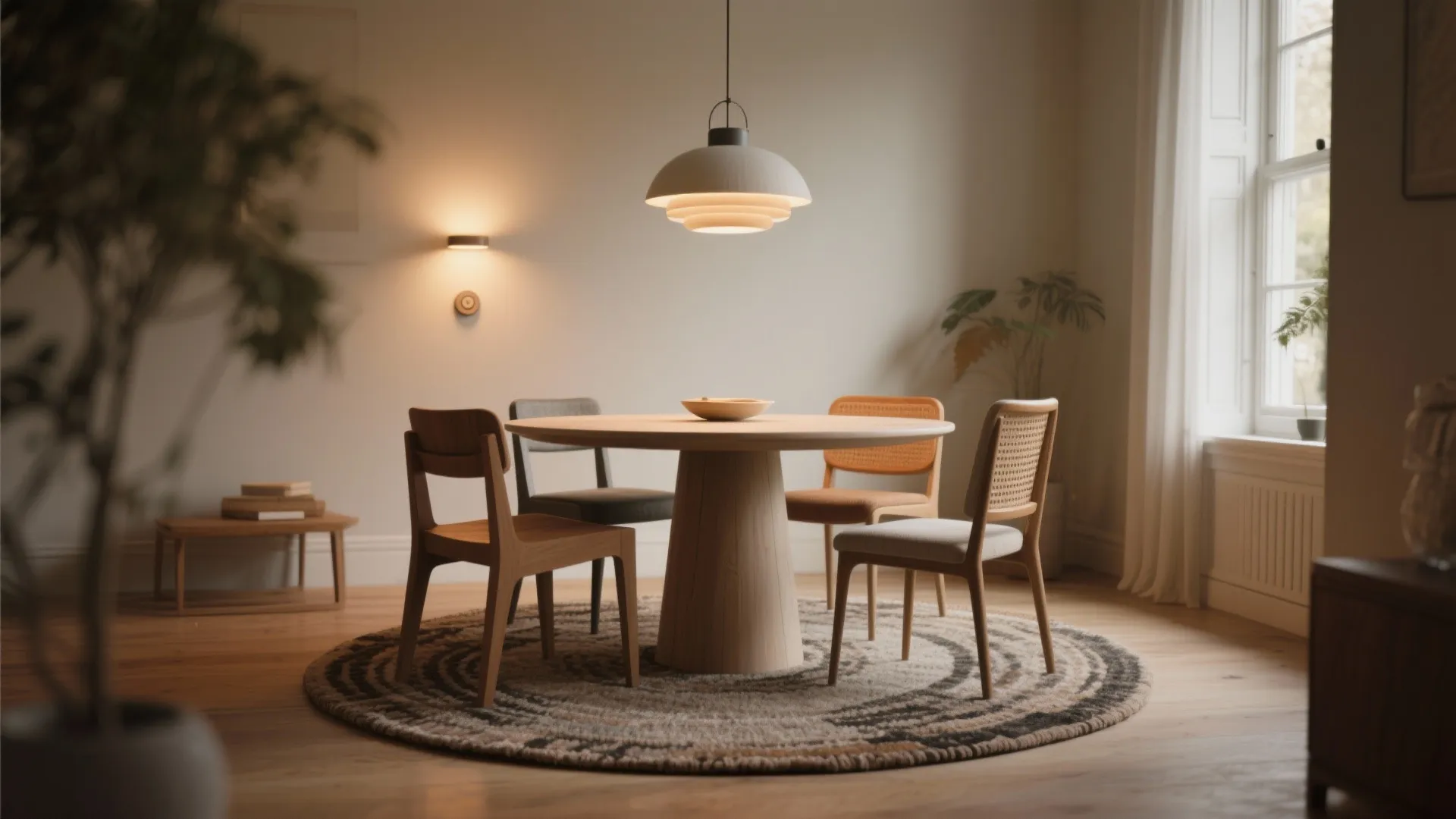 5. Anchor the set with a proportionate rug and layered lighting