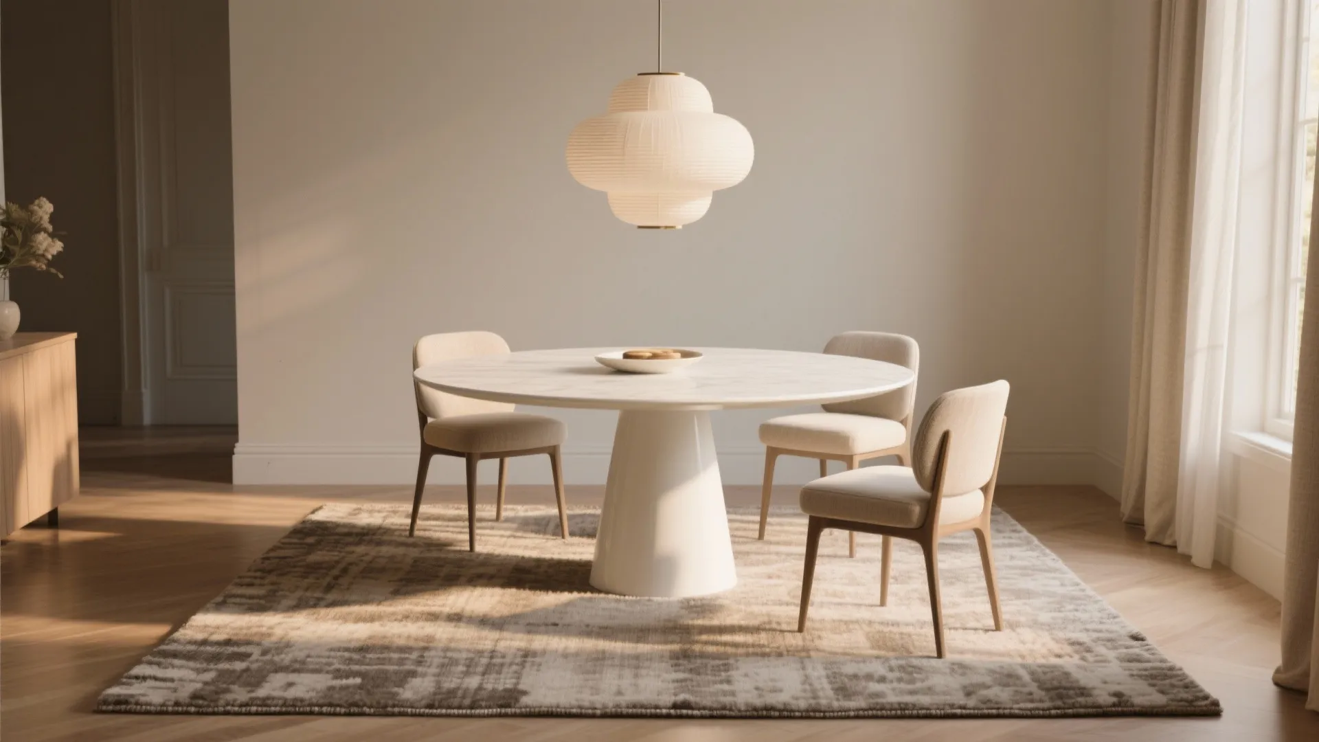 White pedestal table on a textured rug beneath a statement pendant light defining the dining area