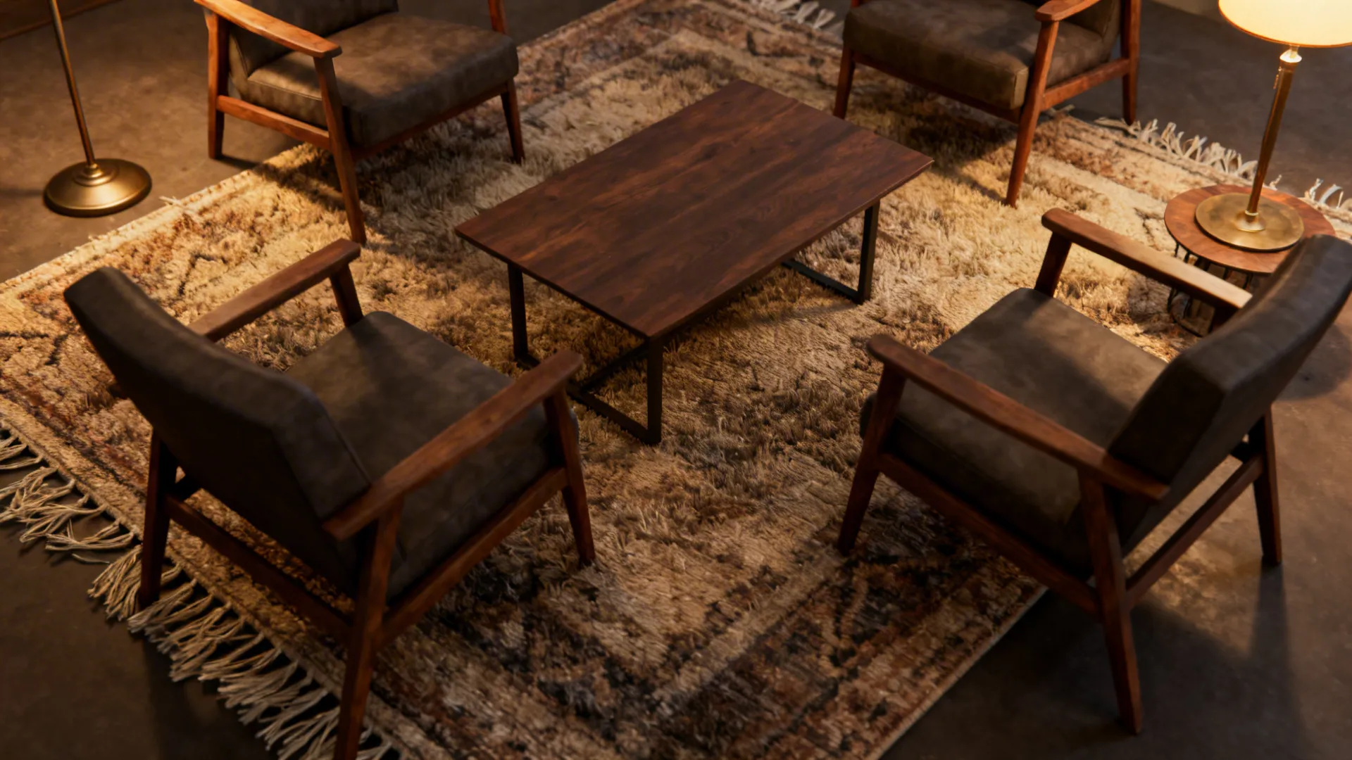 Large rug and layered lighting tying four chairs together in a cohesive seating zone