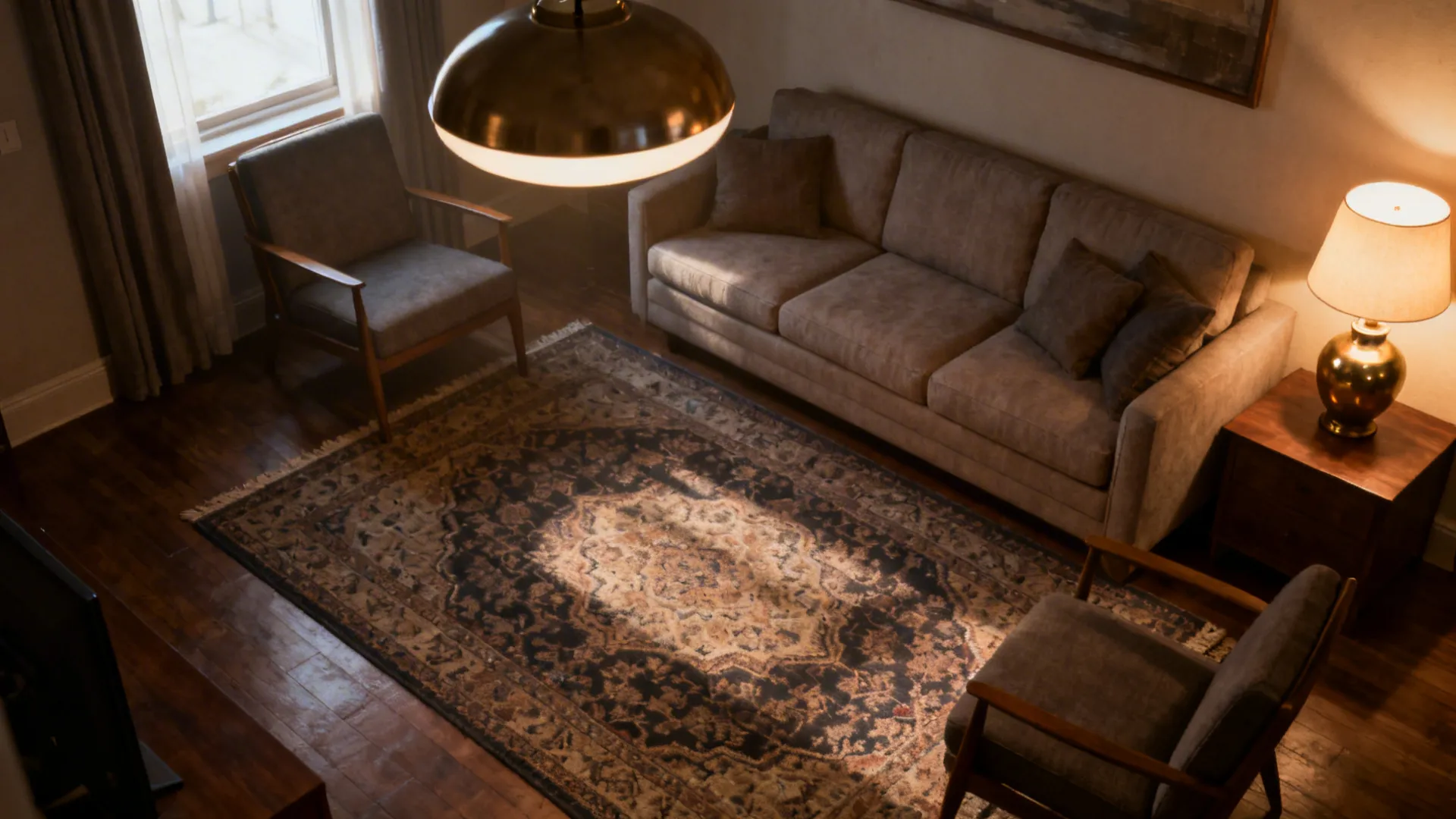 Small living room anchored by an oversized rug and layered lighting tying the seating together