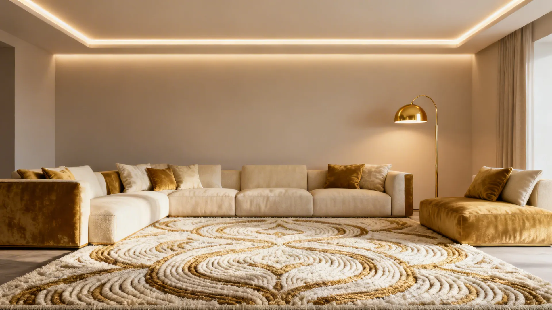 Seating area anchored by a cream and muted-gold patterned rug with smart layered lighting.