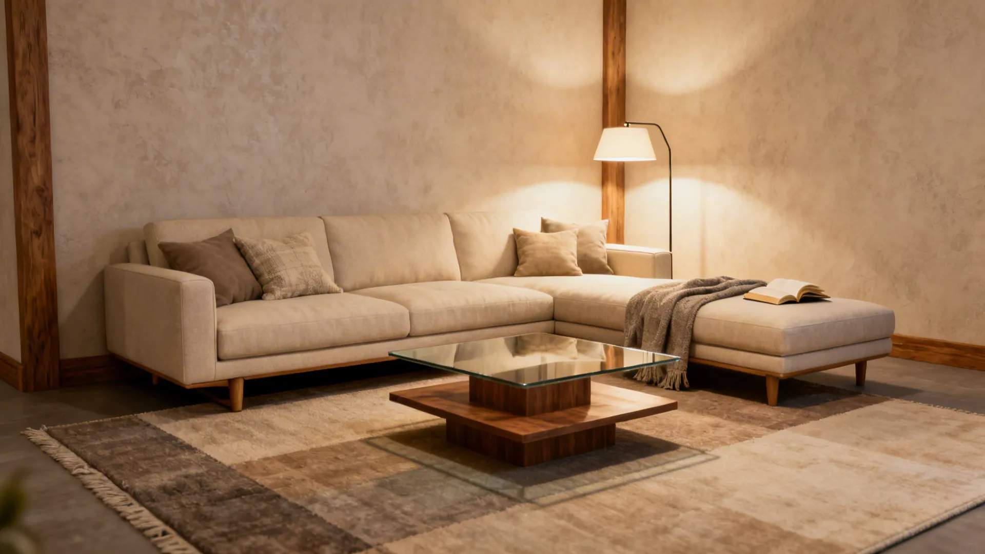 L-shaped sofa anchored by a layered rug and a floor lamp at the chaise end in a small living room.