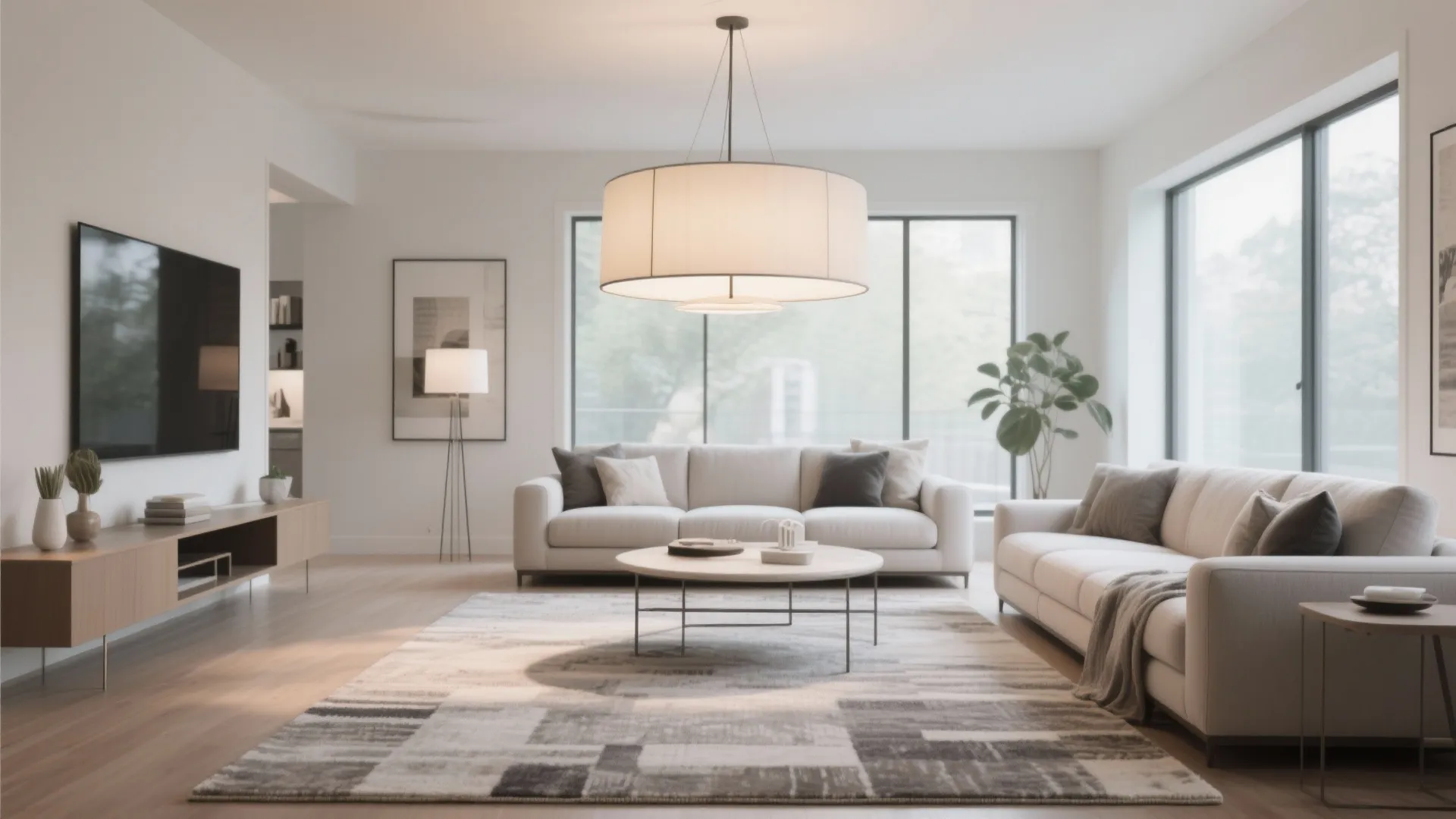 Bright living room with large ceiling light white sofas grey rug television cabinet and green plant