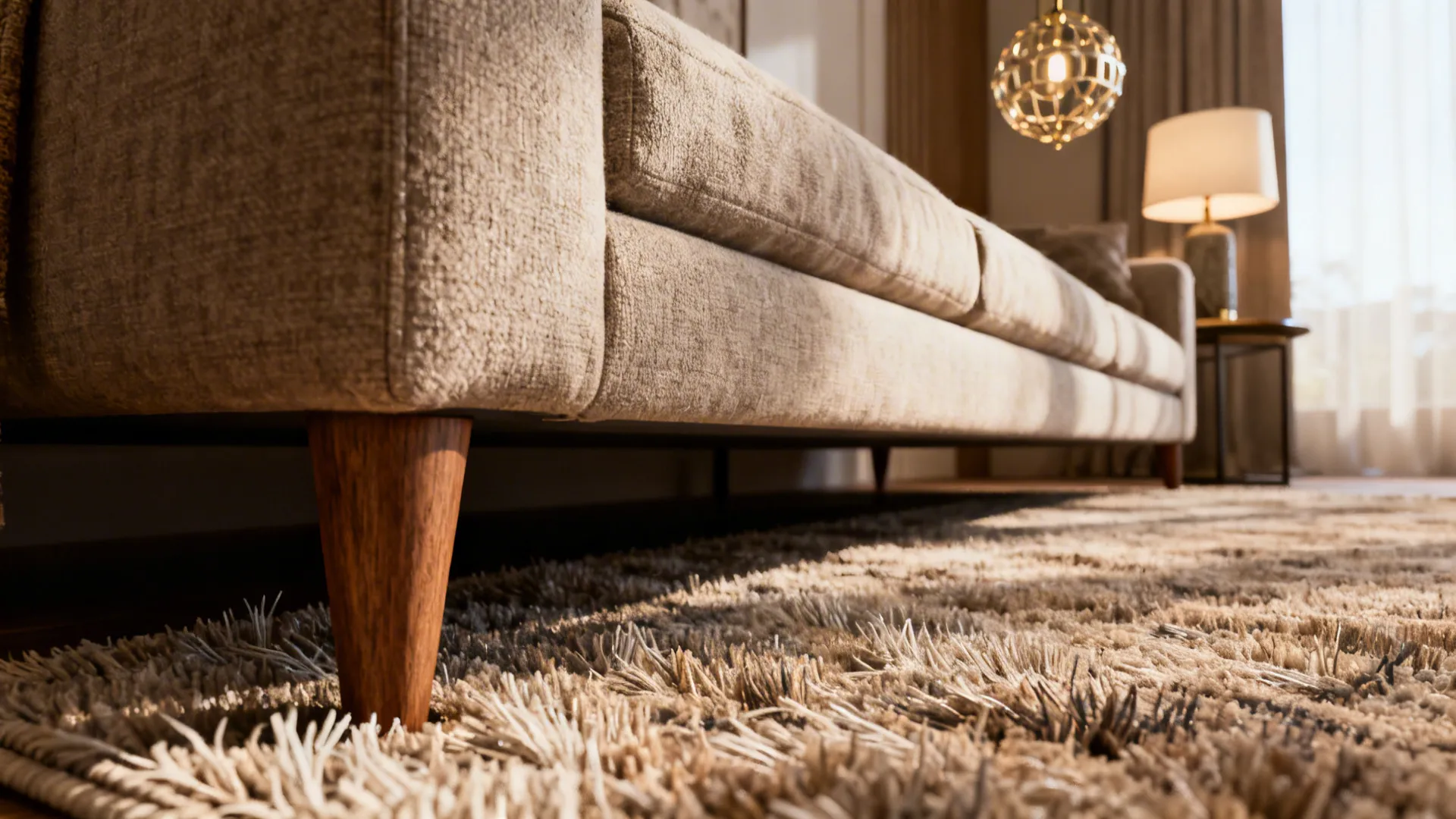 Close-up of a sectional's front legs on a textured rug with layered lighting
