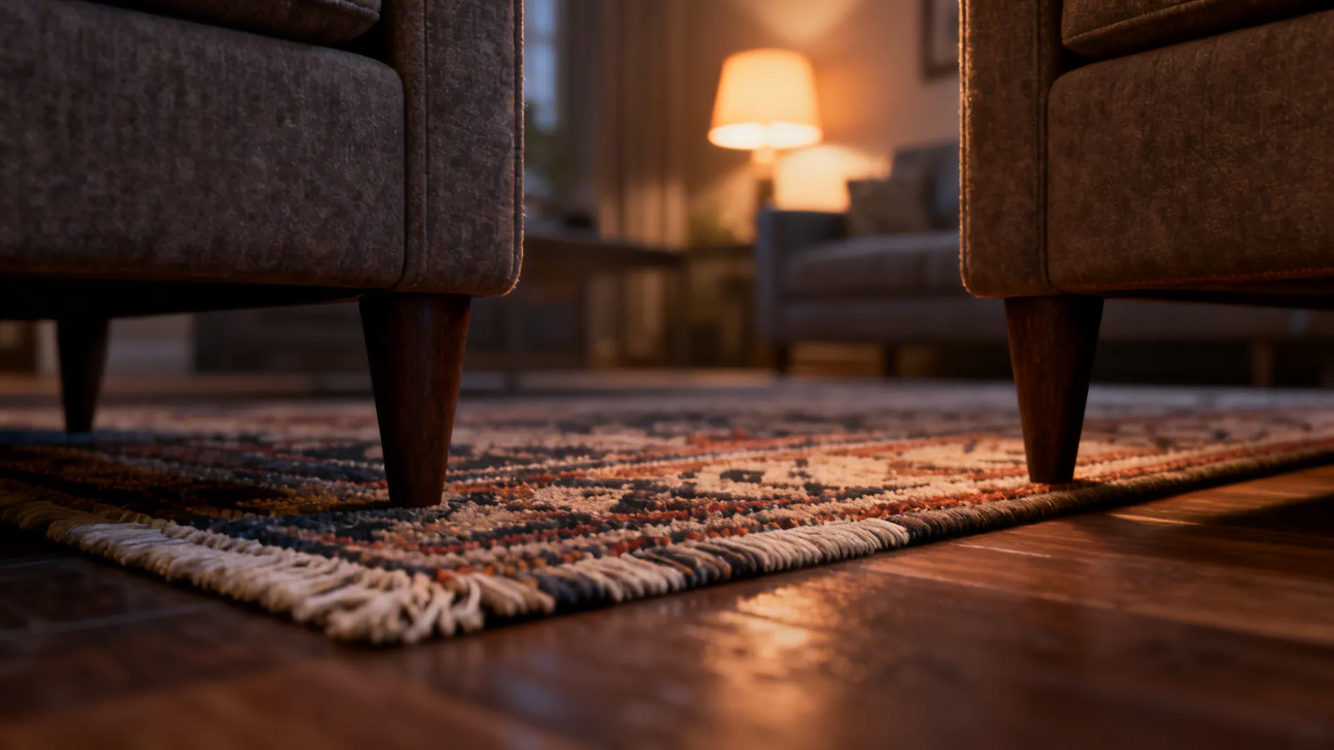 Detail of rug and layered lighting showing sofa legs and textured materials.