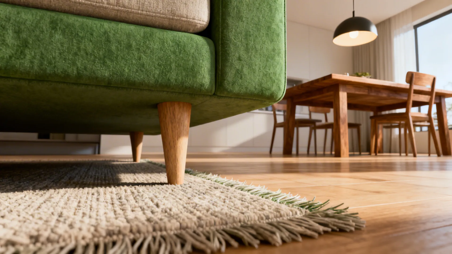 Close-up of rug defining the living area with a pendant light over the nearby dining table
