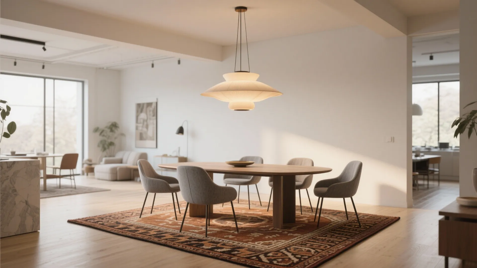 Large oval wooden dining table with six grey chairs on patterned rug under ceiling light