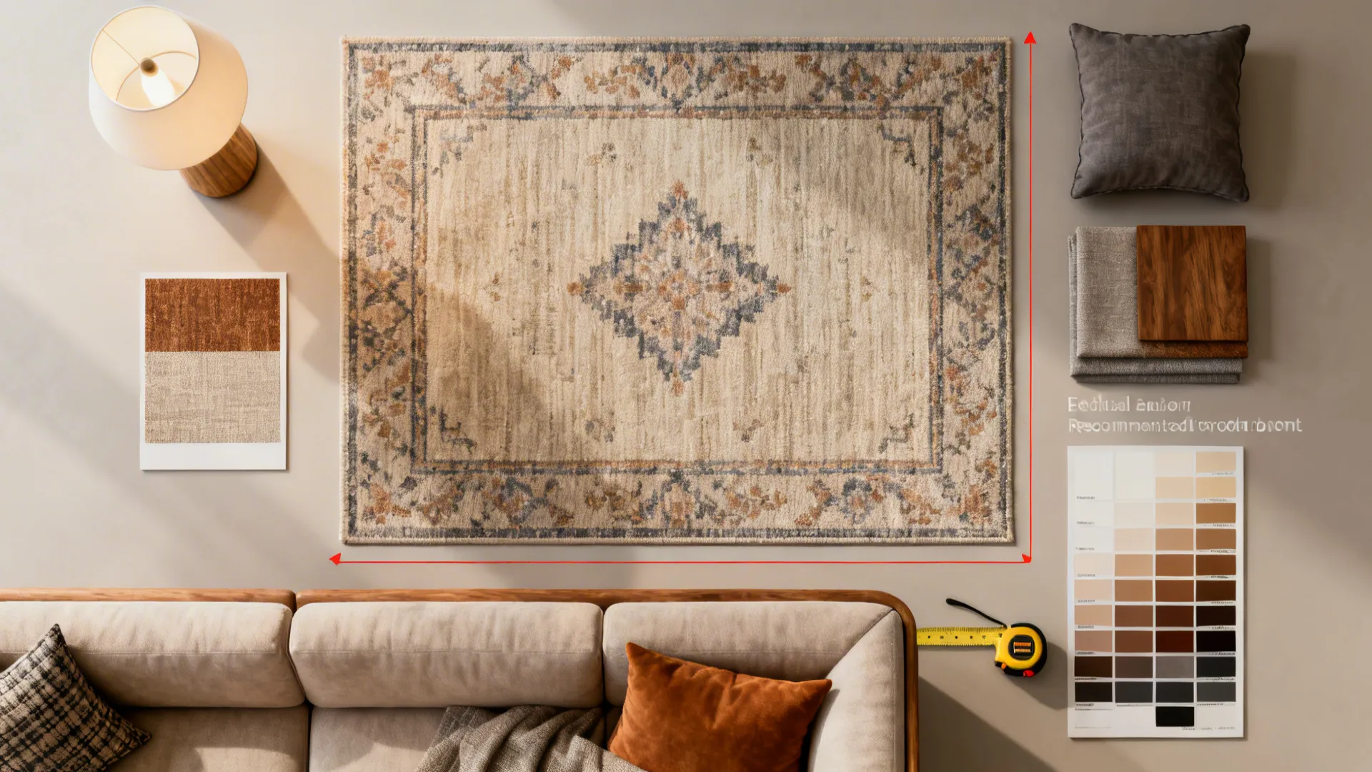 Flatlay of rug, lamp and fabric swatches to anchor an L-shaped sofa layout.