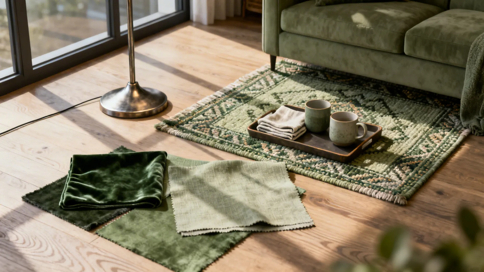 Top-down flatlay of rug, lamp base and textile swatches to define a living room micro-zone