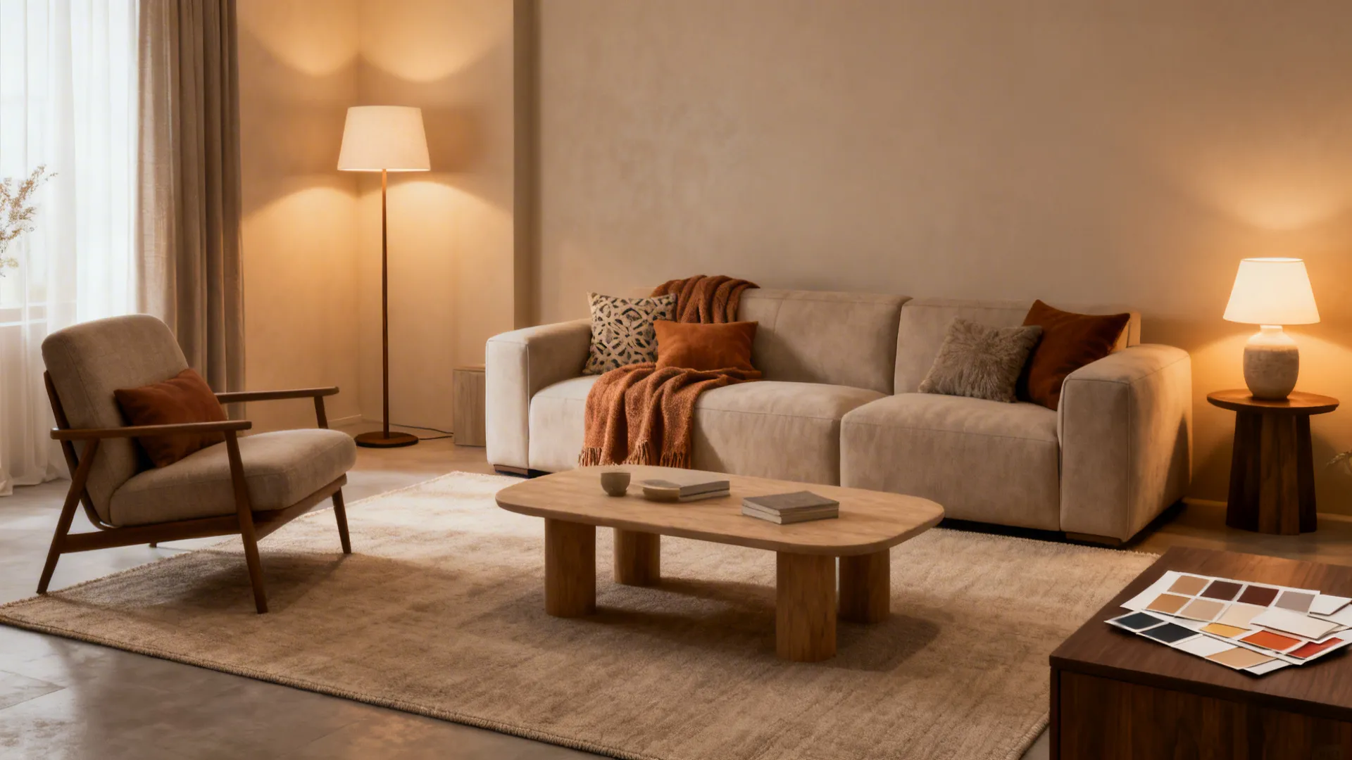 Neutral rug and layered lighting unifying mismatched living room furniture into a cohesive set.