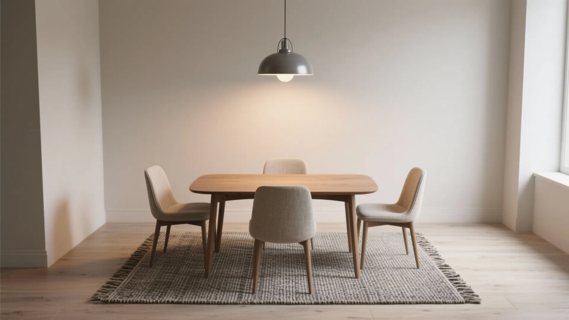 Small rug and pendant light define a cozy dining zone around a three-piece set in a studio apartment.